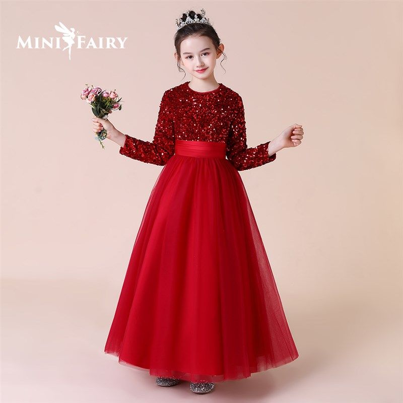 女童秋冬长袖晚礼服红色高端钢琴演出服小学生主持人表演亮片长裙