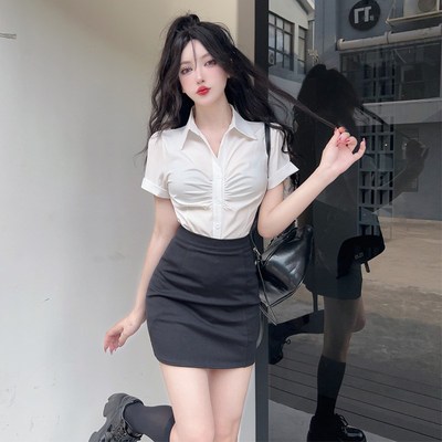 夏天衬衣搭配半身裙套装上衣女夏职业工作服包臀裙子衬衫上白下黑