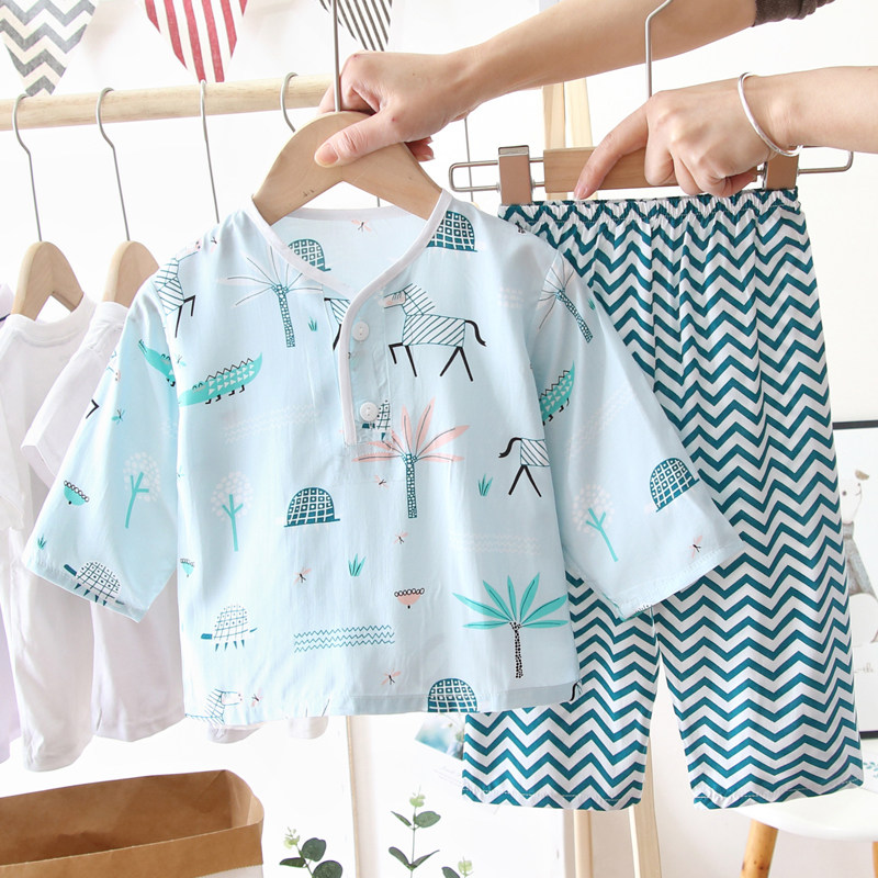 夏季儿童绵绸睡衣男孩女童空调服家居服套装