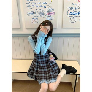 秋季新款小个子复古格纹背心连衣裙+针织长袖上衣学生女时尚套装
