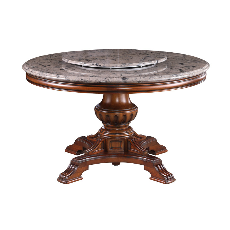 美式实木带转盘天然大理石餐桌欧式圆形餐桌椅组合大圆桌家用高端