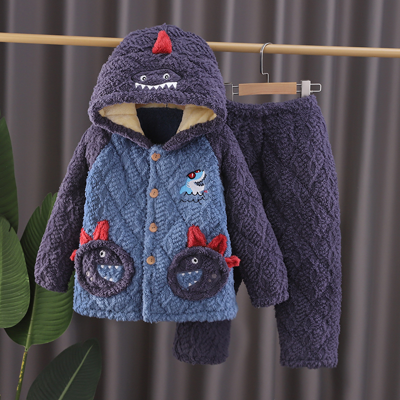 冬季儿童法兰绒睡衣男童珊瑚绒三层夹棉加厚女童中大童家居服套装