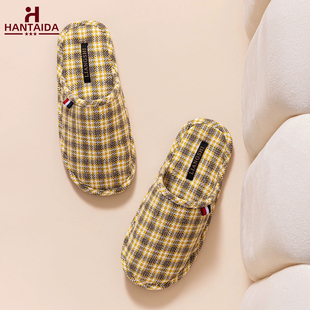女简约格子布艺空调房吸汗牛筋底居家棉拖鞋 通用地板拖鞋 四季 日式