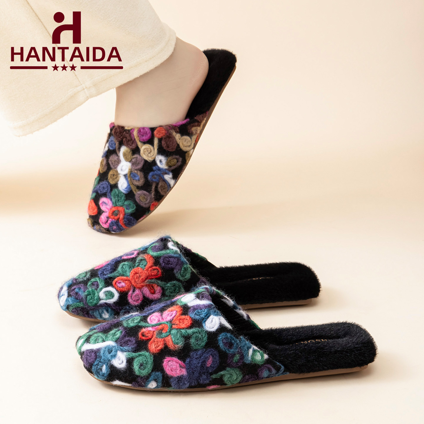 居家棉拖鞋复古秋冬新款毛毡手工