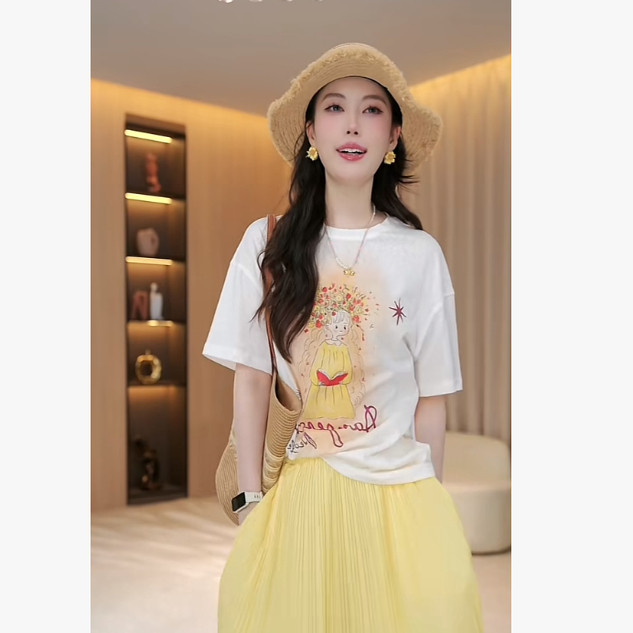 【爱丽丝】夏季宽松看书小女孩图案印花短袖T恤上洋气衣服女34201