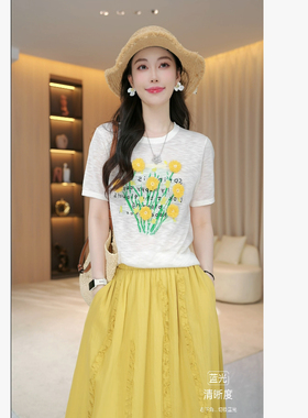 【小黄花】夏款时尚植物花卉百搭休闲短袖宽松毛织T恤上衣35408