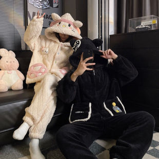 情侣睡衣女款冬季加绒加厚珊瑚绒KT猫爱上鱼男士可外穿家居服套装