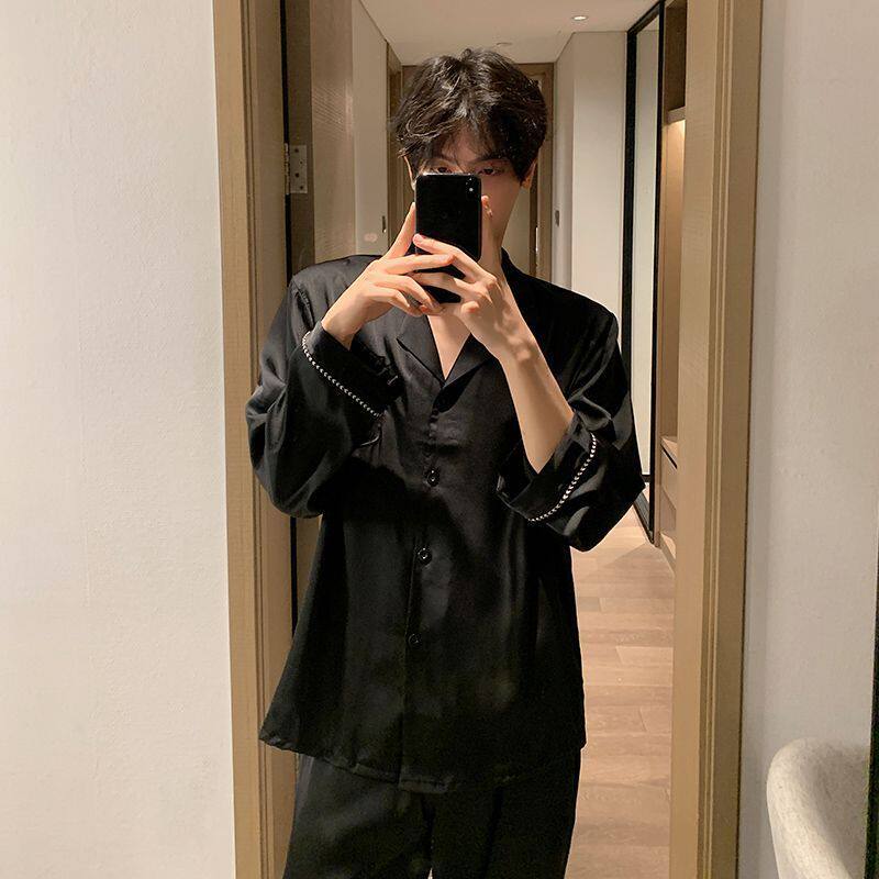 男士春秋款冰丝睡衣男长袖男款秋天黑色纯色高级感休闲家居服套装