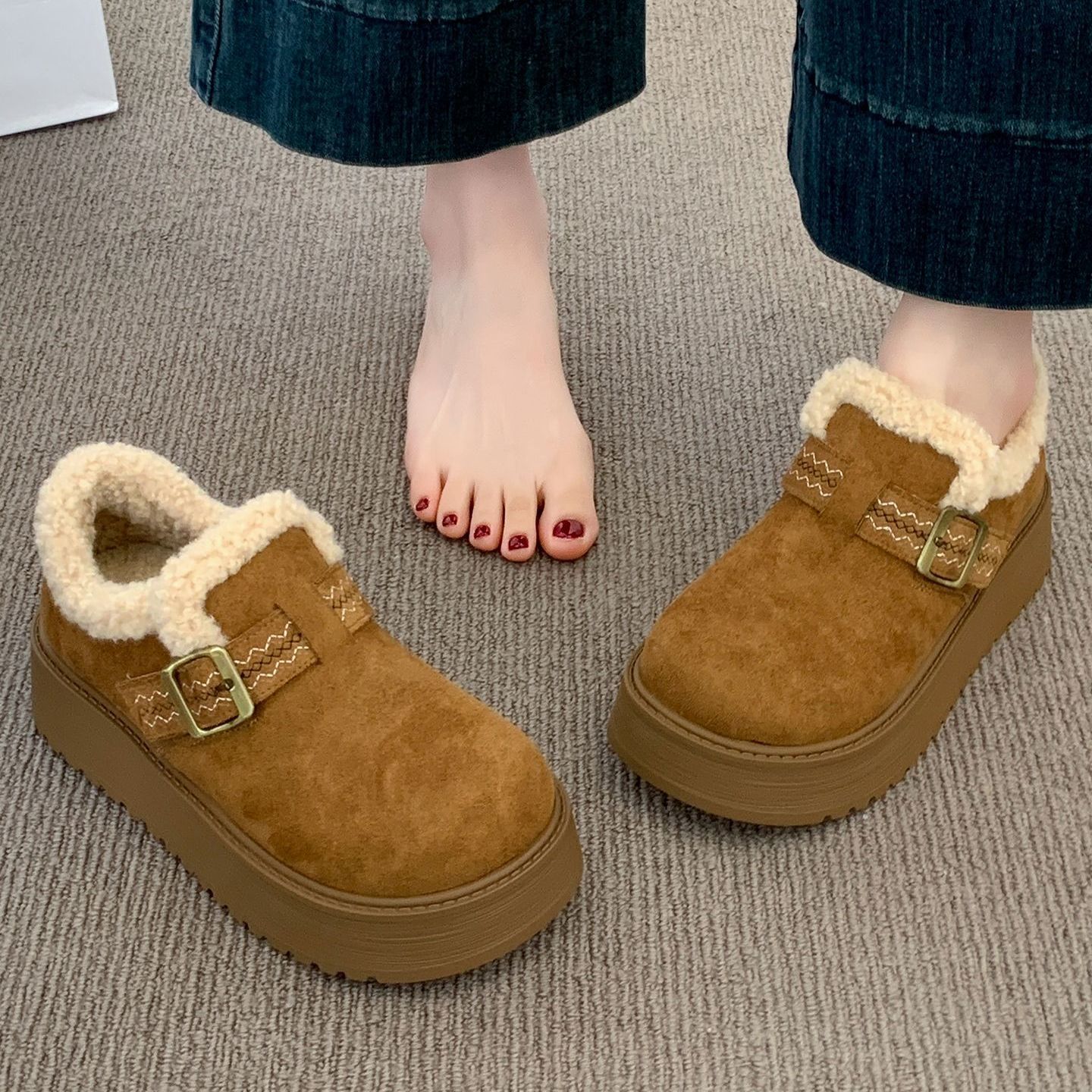 厚底加绒勃肯鞋女2025新款冬季一脚蹬乐福鞋子低帮雪地靴保暖棉鞋