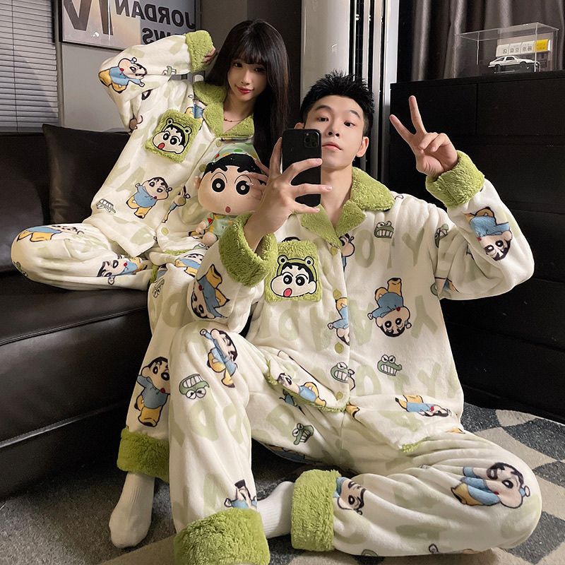 珊瑚绒情侣睡衣女款冬季加绒加厚卡通可爱秋冬男士开衫家居服套装