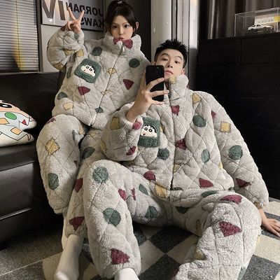 情侣睡衣蜡笔小新珊瑚绒三层夹棉秋冬季男女款加绒大码加厚家居服