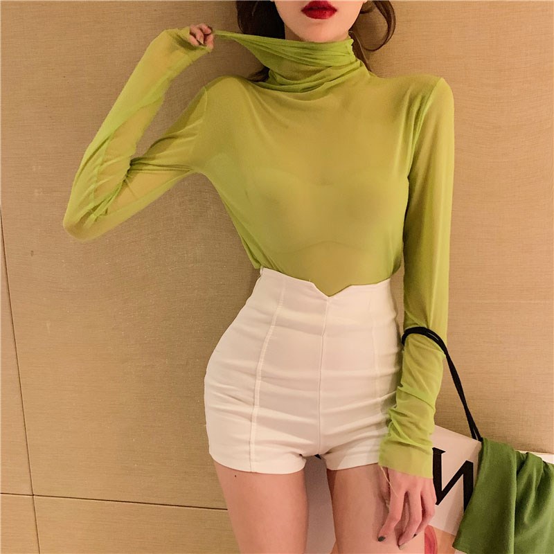 荧光黄绿色微胖大码打底衫网纱上衣 叠穿亮色薄内搭透明高领T恤女