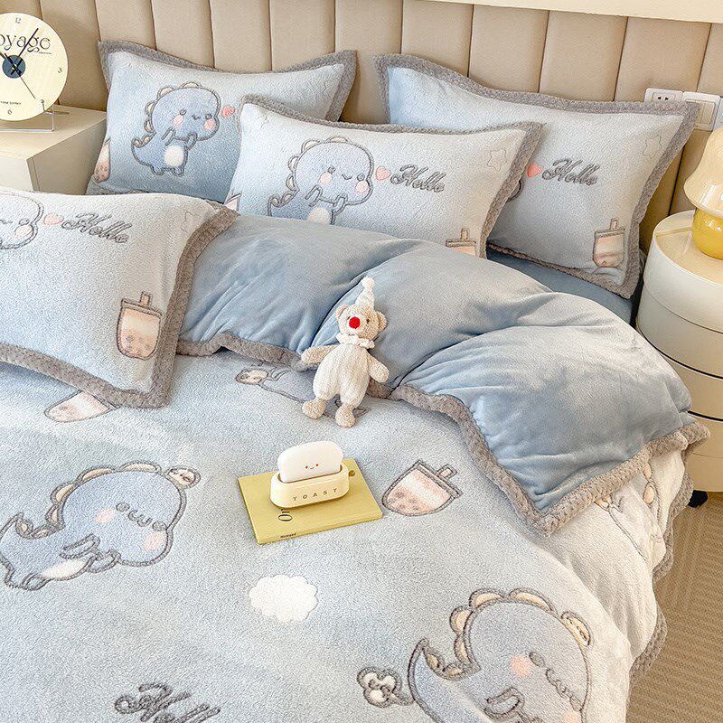 秋冬双面牛奶珊瑚绒被套单件加绒床单被罩加厚被单蓝色四件套男孩