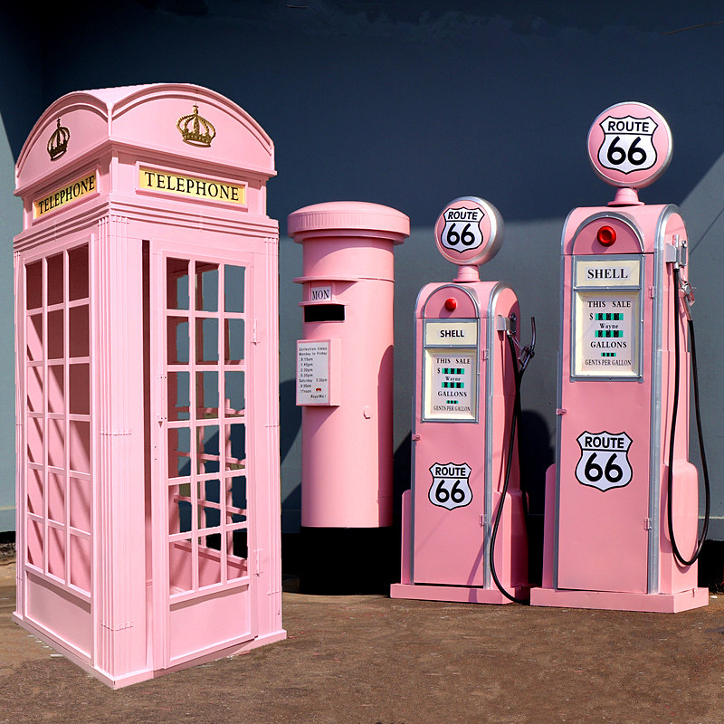 复古英伦粉色电话亭邮筒加油机模型摆件铁艺路牌指示牌摄影道具