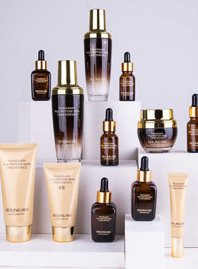 样板房展厅梳妆台化妆品套装卧室摆件卫生间金色小棕瓶陈列柜轻奢