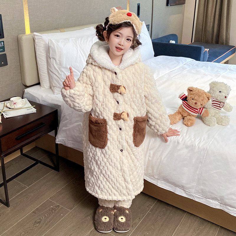 儿童睡袍睡衣裤套组冬季加厚款三层夹棉女童小孩珊瑚绒法兰绒家居