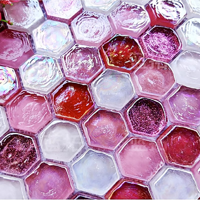 粉色六角玻璃马赛克琉璃蓝色艺术背景墙卫生间幼儿园地砖墙砖环保