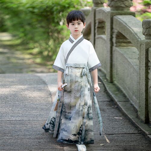 2025汉服男童夏季薄款短袖儿童古装马面裙水墨国风长款帅气演出服