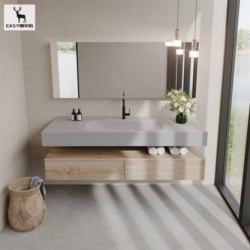 果绿色水磨石洗脸盆浴室柜一体成型台盆洗手台浴室洗漱台酒店别墅