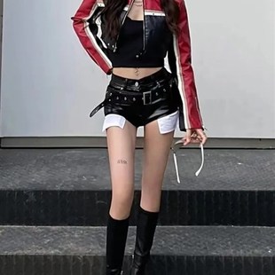皮衣女秋冬季 机车短款 撞色显瘦拼接外套上衣潮 复古修身 高级感美式