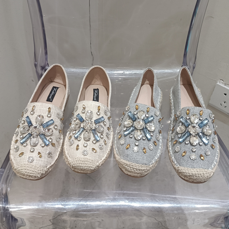 水钻草编渔夫鞋女2023年春秋新款百搭平底单鞋女一脚蹬休闲懒人鞋