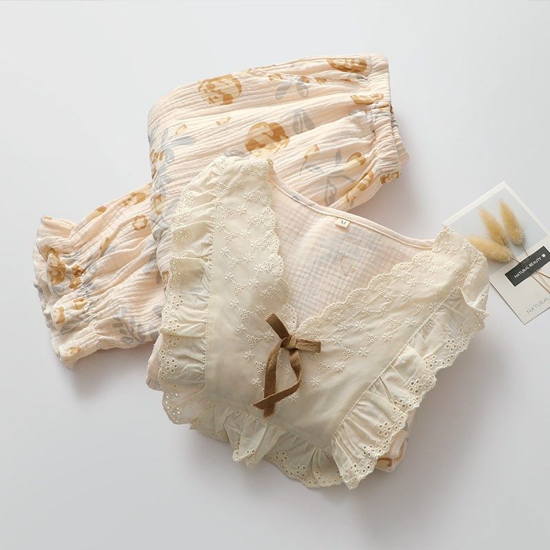 日系蕾丝花边睡衣女纯棉纱套头收口长袖长裤春夏薄款家居服可外穿