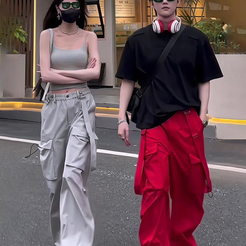 红色美式多口袋工装裤男高级感痞帅垂坠感冰丝阔腿裤夏季背带长裤