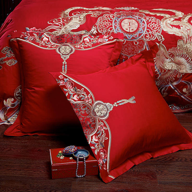 结婚大红床上抱枕婚庆纯棉绣花靠垫枕套中式红色喜抱枕套含芯一对