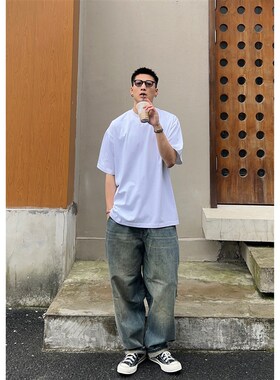 Batterup春秋宽松重磅水洗做旧磨边复古猫须休闲阔腿牛仔裤男直筒