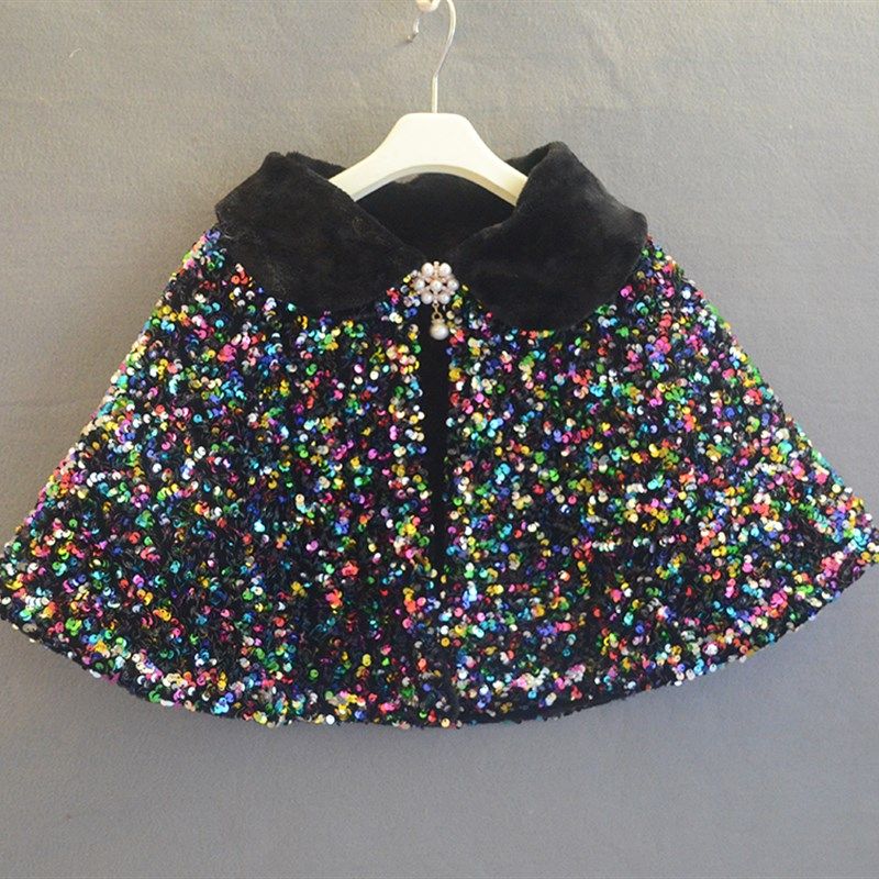 儿童加绒加厚披风秋冬新款礼服黑色表演斗篷女童披肩亮片演出外搭