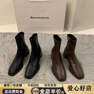 方头高跟鞋法式小短靴女春秋单靴2024新款马丁靴女款春款瘦瘦靴子