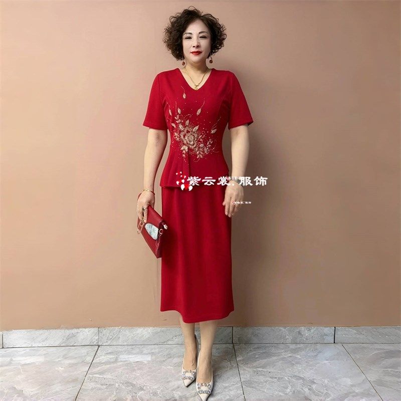 年轻妈妈装婚宴礼服结婚喜服喜婆婆夏季短袖镶钻假两件旗袍连衣裙