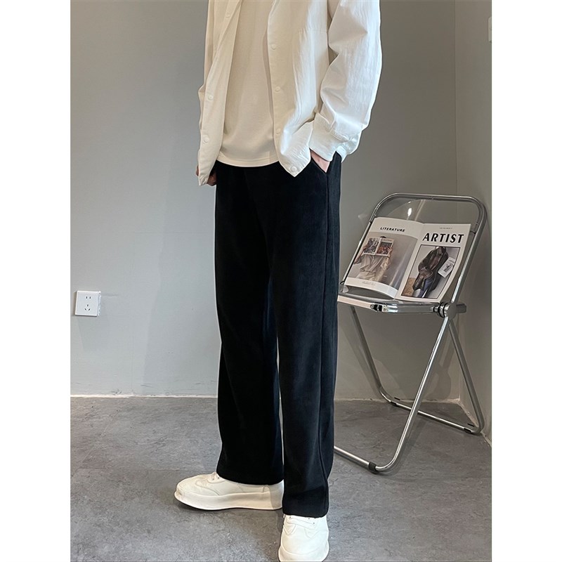 秋季新款纯色休闲裤抽绳x直筒宽松裤子男士复古免熨烫长裤