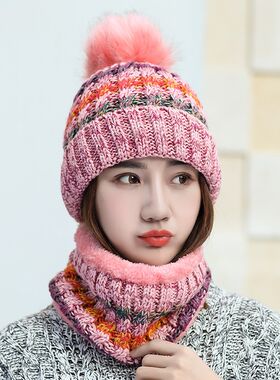 2024冬季热卖女士拼色围x脖针织套帽毛球毛线帽户外一体帽子