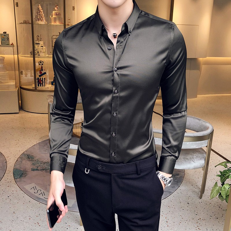 丝绸衬衫男长袖韩版修身弹力w抗皱显瘦衬衣发型师紧身丝光免烫寸
