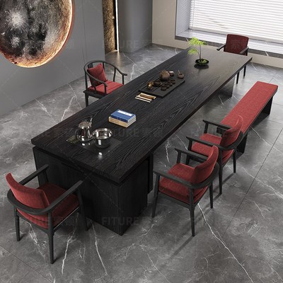 黑色实木北美白蜡木茶桌椅组合侘寂风简约客厅家用大尺寸喝茶桌椅