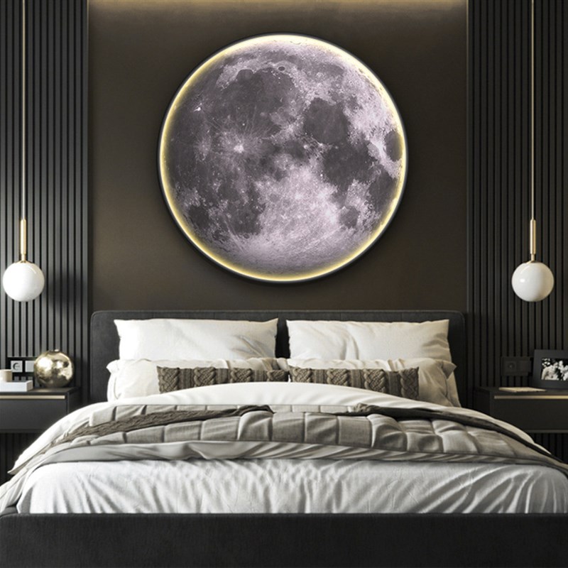遥控夜光带灯客厅装饰画月球w餐厅玄关发光挂画晶瓷画圆形LED灯画