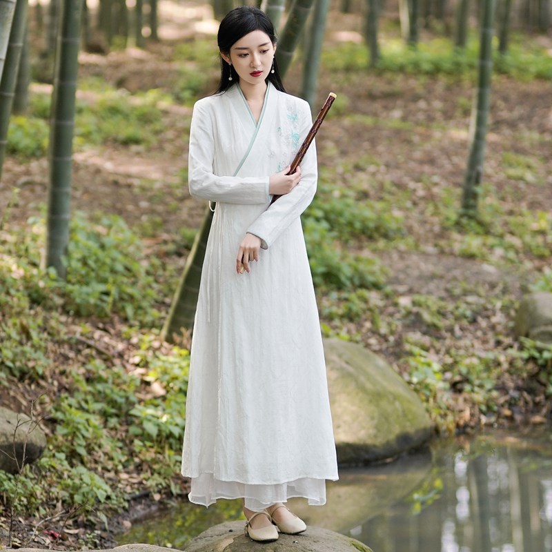 中式棉麻交领汉服唐装复古显瘦女长袖绣花连衣裙白色禅意茶服长裙