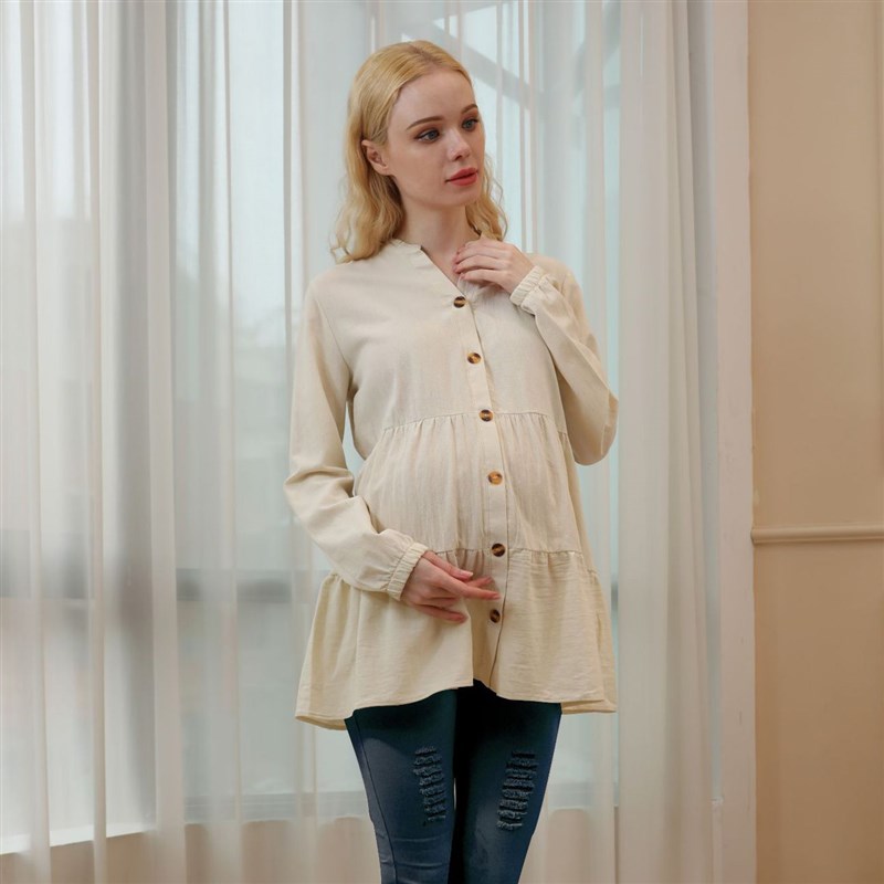 全棉孕妇装中长款遮臀上衣春秋款衬衫v领大码宽松哺乳衬衣韩版