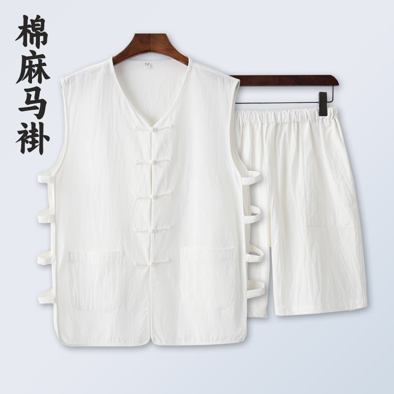 夏季唐装男复古马褂套装棉麻x背心无袖坎肩中国风老头衫休闲爸爸