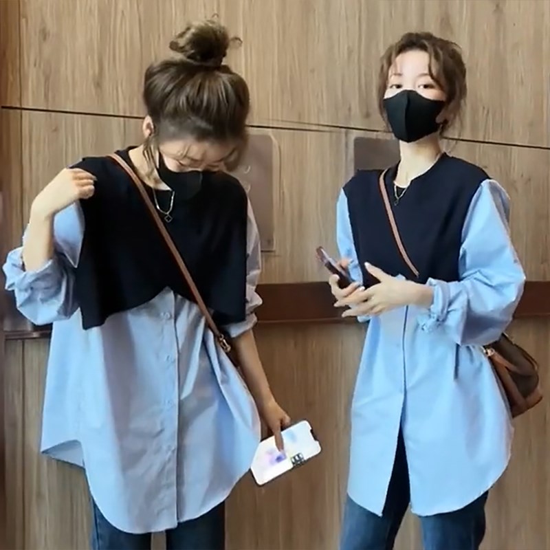 哺乳衣外出春秋时尚辣妈款显瘦假两件宽松上衣喂奶衣服秋季外穿潮