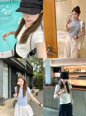 Oguuo 蓝白肌理感针织紧身短袖T恤女春夏韩版修身显瘦内搭上衣