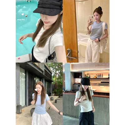 Oguuo 蓝白肌理感针织紧身短袖T恤女春夏韩版修身显瘦内搭上衣