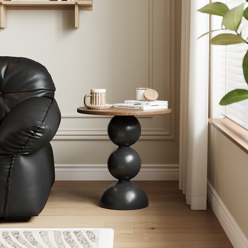 实木沙发边几圆形客厅复古小茶几中古风胡桃木小桌子床头柜置物架