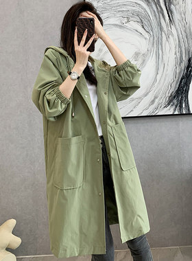 中长款风衣女2021春秋季新款韩版宽松大码胖mm显瘦连帽休闲外套潮