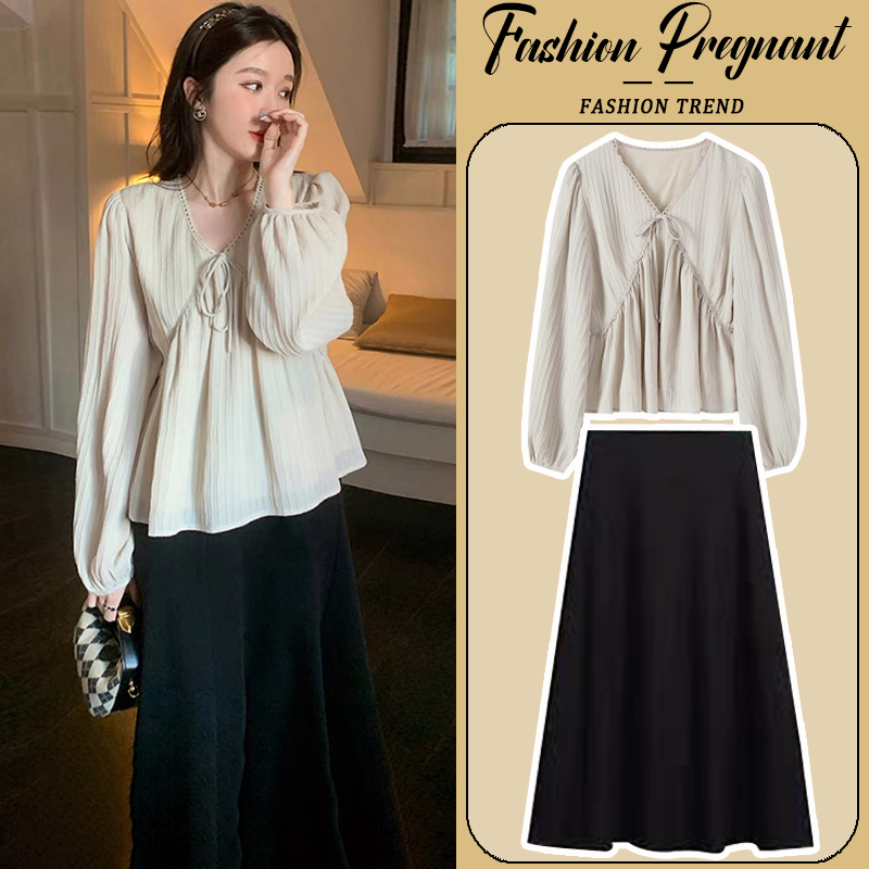 孕妇连衣裙套装春秋2o024新款法式灯笼袖V领衬衫上衣半身裙两件套