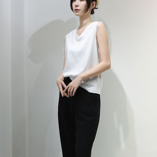 丝光棉坎袖背心无袖白t恤女夏季宽肩V领打底衫纯棉高端内搭上衣