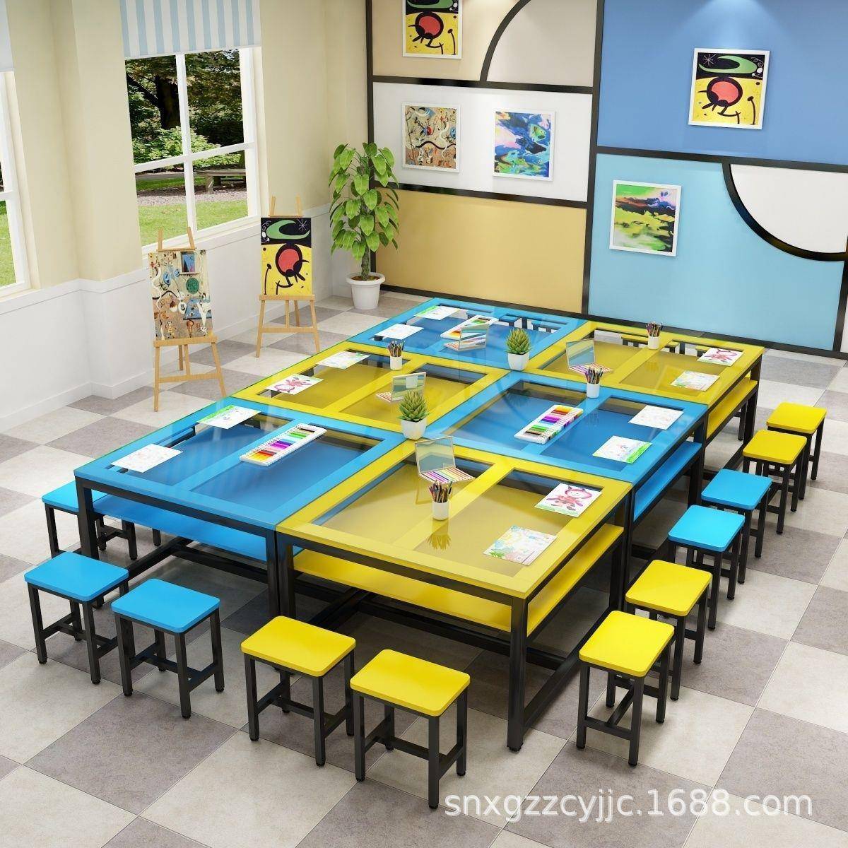 新款幼儿园玻璃绘画桌美术桌学生辅导培训班课桌椅手工书法画室桌