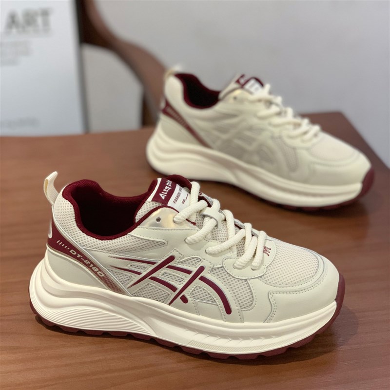 美式复古红c色真皮老爹鞋女2025年春季新款厚底增高轻便透气运动