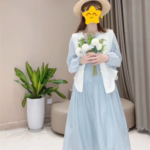 2024早春新款j孕妇装纯色长袖连衣裙白色马甲两件套韩版时尚女套